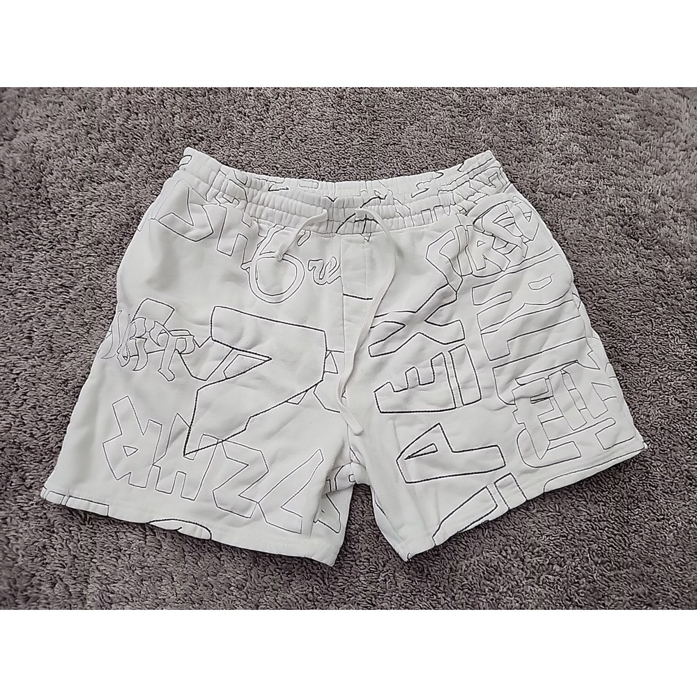 Forever 21 Sweat Shorts Mens 2XL White Graffiti Embroidered Fleece Drawstring